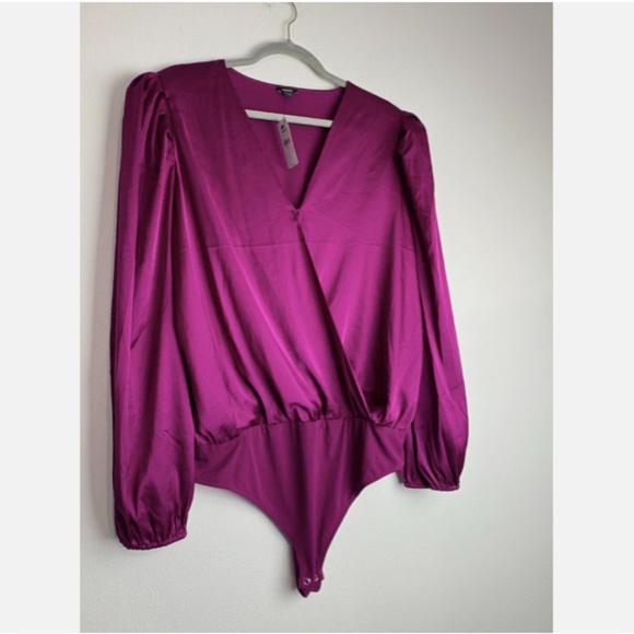 NWT Express Womens XL Suplice Bodysuit Long Sleeve Purple V Neck Top Faux Wrap - Picture 3 of 6